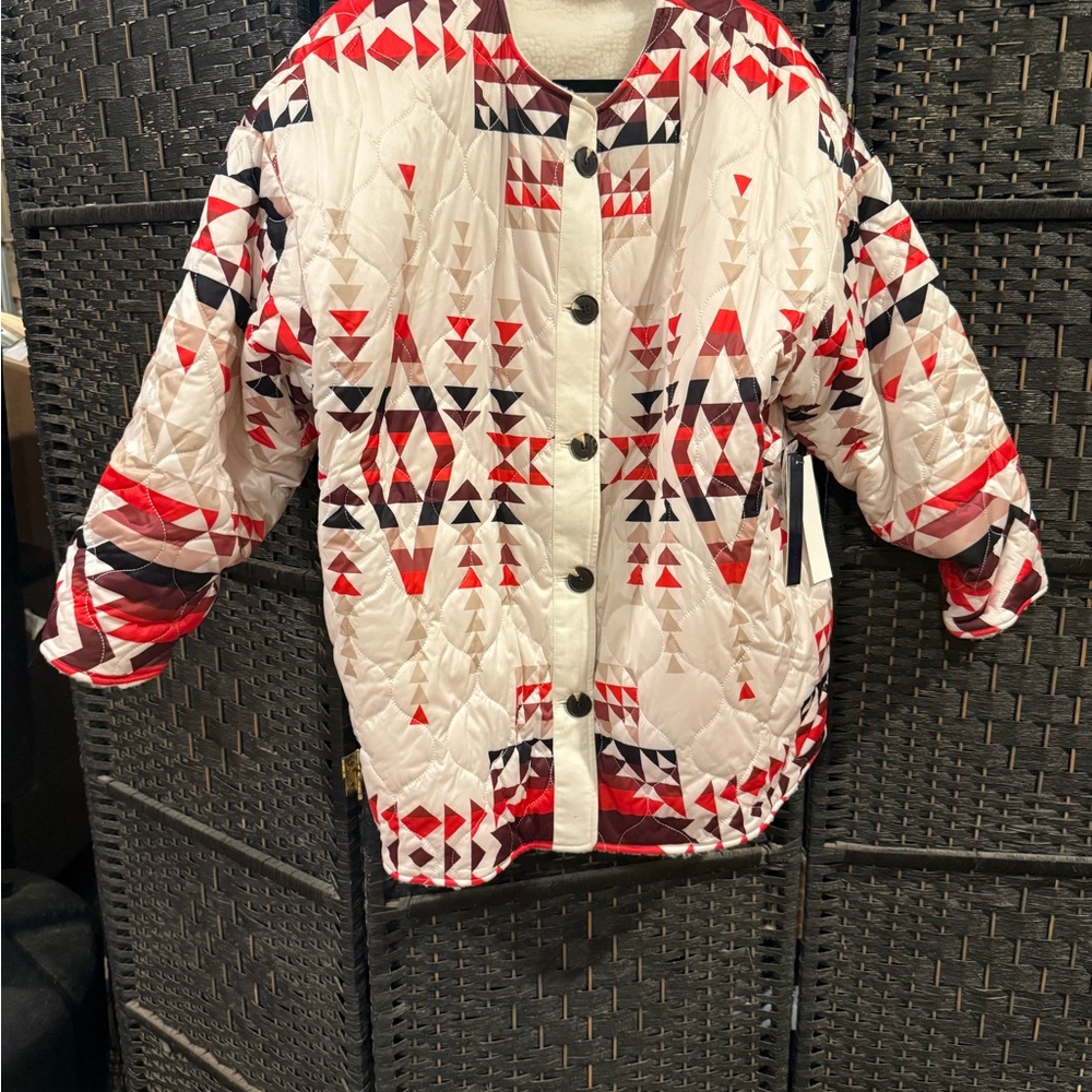 Aqua Geometric Puffer Jacket - Red, Black, and White NWT
